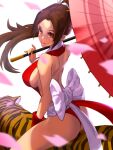  1girl absurdres animal_ears back bare_legs bare_shoulders bow breasts brown_hair cherry_blossoms fatal_fury highres large_breasts looking_at_viewer looking_back ninja ponytail red_eyes revealing_clothes riding sash shaded_face shiranui_mai sideboob simple_background solo the_king_of_fighters thighhighs tied_hair tiger tiger_ears tiger_stripes uladola umbrella white_background white_bow white_sash 