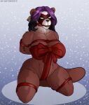  2021 abs anthro big_breasts blizzard_entertainment bound breasts brown_body brown_fur christmas claws clothed clothing ear_tag female finger_claws fur gag gagged green_eyes hair hands_behind_back hi_res holidays kneeling looking_at_viewer mammal mask pandaren planktonheretic purple_hair ribbons skimpy snow snowing solo thick_thighs ursid video_games warcraft wide_hips 