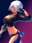  1girl absurdres angel_(kof) arm_up black_gloves blue_eyes breasts cleavage crop_top fingerless_gloves gloves hair_over_one_eye highres jacket large_pectorals midriff navel pectorals revealing_clothes salute shaded_face shadow short_hair smile solo stomach the_king_of_fighters thighs uladola v white_hair 
