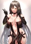  1girl absurdres arm_strap bare_shoulders black_dress black_gloves black_hair blush breasts brown_eyes center_opening choker cleavage collarbone double_v dress earrings elbow_gloves fate/grand_order fate_(series) glint gloves grin highres jewelry large_breasts long_hair multiple_earrings navel ribbon-trimmed_dress shibao_aoyama smile solo v very_long_hair yu_mei-ren_(fate) 