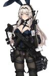  1girl absurdres alternate_costume an-94 an-94_(girls&#039;_frontline) assault_rifle between_breasts black_legwear black_leotard black_necktie breasts girls&#039;_frontline green_eyes gun highres large_breasts leotard long_hair long_sleeves necktie necktie_between_breasts pantyhose platinum_blonde_hair playboy_bunny pz-15 rifle shrug_(clothing) simple_background solo weapon white_background wrist_cuffs 