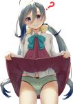  1girl ? ahoge aqua_bow aqua_bowtie blue_eyes blue_hair blush bow bowtie closed_mouth clothes_lift collared_shirt cowboy_shot dress dress_lift eyebrows_visible_through_hair green_panties grey_hair hair_between_eyes highres kantai_collection kiyoshimo_(kancolle) lifted_by_self long_hair long_sleeves low_twintails multicolored_hair panties polka_dot polka_dot_panties purple_dress shirt simple_background smile solo twintails underwear very_long_hair white_background white_shirt zuki 