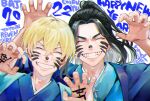  2022 2boys ^_^ baji_keisuke black_hair blonde_hair blue_kimono closed_eyes copyright_name cross cross_necklace earrings facepaint fangs grin hands_up happy_new_year high_ponytail highres himada_(hmd_0316368) japanese_clothes jewelry kimono long_hair male_focus matsuno_chifuyu multiple_boys necklace new_year open_hands short_hair single_earring smile tokyo_revengers upper_body white_background 