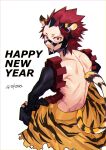 1boy animal_ears animal_print background_text bare_back boku_no_hero_academia costume detached_sleeves fingerless_gloves gloves groin happy_new_year headgear highres kirishima_eijirou looking_at_viewer looking_back male_focus new_year no_shirt red_hair short_hair sitting solo spiked_hair tai_kusu tail tiger_ears tiger_print tiger_tail toned toned_male twitter_username white_background younger 
