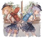  2girls alternate_costume animal_ears ayacho backpack bag bag_charm bai_(granblue_fantasy) bangs blonde_hair blue_skirt blush charm_(object) cidala_(granblue_fantasy) collared_shirt commentary_request crime_prevention_buzzer frilled_skirt frills granblue_fantasy grey_hair highres holding_strap huang_(granblue_fantasy) intertwined_tails leaning_forward looking_at_viewer medium_hair multiple_girls neck_ribbon one_eye_closed over-kneehighs pantyhose parted_lips pleated_skirt randoseru red_ribbon ribbon shirt shirt_tucked_in skirt suspender_skirt suspenders tail teeth thighhighs tiger_ears tiger_tail twintails white_legwear white_shirt window yellow_eyes 