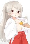  1girl :o bangs blush breasts brown_eyes cleavage commentary_request conte_di_cavour_(kancolle) food fruit gradient gradient_background grey_background grey_hair hair_between_eyes hakama japanese_clothes kantai_collection kimono koeda_(koeda1kg) large_breasts long_hair long_sleeves miko official_alternate_costume open_clothes open_kimono oppai_mochi orange_(fruit) parted_lips red_hakama signature simple_background solo_focus sweat 