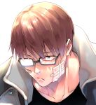  1boy akitaru_oubi bandage_on_face bandages bandaid black_shirt brown_hair close-up en&#039;en_no_shouboutai expressionless fire_jacket firefighter glasses jacket jacket_on_shoulders leaning_forward looking_ahead male_focus popped_collar portrait sat-tsu shirt short_hair solo straight_hair takehisa_hinawa toned toned_male white_background 