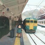  1girl black_sash brown_eyes brown_pants child closed_mouth commentary_request day green_jacket ground_vehicle jacket long_sleeves looking_at_viewer muji_(uimss) original outdoors pants railroad_tracks sash shadow snow solo standing suitcase train train_station_platform v 