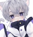  1boy absurdres animal_ears blush cat_boy cat_ears collared_shirt highres long_sleeves looking_at_viewer male_focus original pale_skin purple_eyes shirt tail wako_morino white_hair 