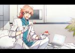  1boy computer fate/grand_order fate_(series) food fork gloves hermithessa highres labcoat laptop long_hair on_bed orange_hair plate ponytail romani_archaman sitting sitting_on_bed strawberry_shortcake surprised white_gloves 