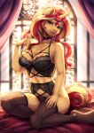  5_fingers absurd_res anthro blush bra clothed clothing digital_media_(artwork) equestria_girls equid equine evomanaphy eyelashes female fingers hasbro hi_res horn legwear light looking_at_viewer mammal my_little_pony solo sunlight sunset_shimmer_(eg) text underwear unicorn url 