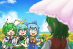  4girls antennae aqua_hair blue_bow blue_dress blue_hair blush blush_stickers bow butterfly_wings buttons cirno day dress eternity_larva eyebrows_visible_through_hair fairy fang flower green_dress green_eyes green_hair hair_between_eyes hair_bow holding ice ice_wings ikusi kazami_yuuka long_sleeves multicolored_clothes multicolored_dress multiple_girls open_mouth orange_eyes parasol puffy_short_sleeves puffy_sleeves red_vest round_teeth shirt short_hair short_sleeves single_strap sunflower tanned_cirno teeth touhou umbrella upper_teeth vest white_shirt wings wriggle_nightbug yellow_flower 