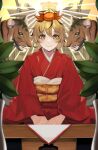  1girl animal black_hair blonde_hair blush chinese_zodiac closed_mouth eyebrows_visible_through_hair hair_between_eyes highres japanese_clothes kanji kimono kurowa_(curowa) long_sleeves looking_at_viewer multicolored_hair obi red_kimono sash short_hair smile solo tiger toramaru_shou touhou two-tone_hair wide_sleeves year_of_the_tiger yellow_eyes 