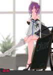  azur_lane black_dress black_footwear blurry blurry_background blush breasts commentary_request dress dressing hair_over_one_eye high_heels highres large_breasts looking_at_viewer maid maid_headdress p.i.t.d penelope_(azur_lane) penelope_(salty_maid)_(azur_lane) purple_eyes purple_hair shoe_removed short_dress short_hair single_thighhigh sitting thighhighs 