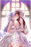  2girls asymmetrical_docking backlighting bangs blunt_bangs breast_press breasts bridal_veil brown_hair closed_eyes collarbone commentary_request dress elbow_gloves eyebrows_visible_through_hair from_side garter_straps gloves highres holding_hands huge_breasts interlocked_fingers kemoyuri kiss light_purple_hair long_hair medium_breasts multiple_girls new_game! sparkle suzukaze_aoba symmetrical_docking takimoto_hifumi thighhighs veil wedding_dress white_dress white_gloves white_legwear yuri 