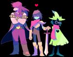  &lt;3 anthro armband belt biped blue_body blue_skin boots bovid cape caprine clothing deltarune eyewear female footwear glasses goat group hat headgear headwear hi_res holding_object holding_weapon human kris male mammal melee_weapon ouse purple_body purple_skin ralsei scalie scarf susie_(deltarune) sword undertale_(series) video_games weapon wizard_hat wizard_robe 