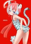  1girl 2022 adjusting_clothes adjusting_swimsuit ahoge animal animal_ear_fluff animal_ears animal_print ass bare_arms bare_shoulders blue_eyes blue_hair blue_swimsuit chinese_zodiac commentary_request leaning_forward multicolored_hair muu_rian one-piece_swimsuit original red_background red_hair red_scarf scarf simple_background solo star_(symbol) star_in_eye streaked_hair swimsuit symbol_in_eye tail tail_raised tiger tiger_ears tiger_girl tiger_print tiger_tail twitter_username year_of_the_tiger 