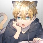  1boy animal_ear_fluff animal_ears bangs black_hoodie blonde_hair blue_eyes blush cat_boy cat_ears cat_tail copyright_request drawstring earrings eyebrows_visible_through_hair fang grey_background hair_between_eyes highres hood hood_down hoodie jewelry long_sleeves looking_at_viewer male_focus notice_lines open_mouth pk_(mukasihasakana) slit_pupils solo tail translation_request 