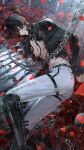  1boy ayn black_hair black_skirt blood candle chain closed_mouth falling_petals flower for_all_time frilled_skirt frills from_side highres light_rays looking_at_viewer lying male_focus open_clothes petals red_eyes red_flower short_hair skirt thigh_strap zhenzhibang149 