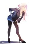  1girl bent_over black_footwear black_jacket blue_shorts breasts collarbone english_commentary hair_behind_ear hand_on_hip high_heels highres jacket jewelry medium_breasts nattsume_(pantsuhead) necklace original pantyhose round_eyewear shirt shorts sketch solo white_shirt 