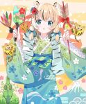  1girl :o animal animal_ears animal_print arrow_(projectile) bell black_hair blonde_hair blue_bow blue_kimono bow chinese_zodiac commentary daruma_doll english_commentary floral_print flower furisode green_eyes green_kimono hagoita hair_bow hair_flower hair_ornament hairclip hamaya hane_(hanetsuki) highres holding holding_arrow japanese_clothes jingle_bell kadomatsu kimono long_hair long_sleeves looking_at_viewer mount_fuji multicolored_hair obi original paddle parted_lips print_kimono red_flower sash solo streaked_hair tantan_men_(dragon) tiger tiger_ears tiger_print wide_sleeves year_of_the_tiger 