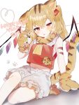  ! !! 1girl 2022 animal_ears animal_hands animal_print arm_support ascot bangs blonde_hair bloomers blush chinese_zodiac claws commentary eyebrows_visible_through_hair fang flandre_scarlet folded_leg foot_out_of_frame frilled_shirt_collar frills fur_collar gloves hair_ribbon hair_tucking half-closed_eye happy_new_year heart heart_of_string highres kemonomimi_mode looking_away midriff navel new_year no_bra no_hat no_headwear no_pants no_shirt one_side_up parted_lips paw_gloves paw_print paw_print_background paw_shoes red_eyes red_ribbon red_vest ribbon short_hair simple_background sitting solo sorani_(kaeru0768) tail tiger_ears tiger_print tiger_stripes tiger_tail touhou underwear uneven_eyes vest white_background wings year_of_the_tiger yellow_ascot 