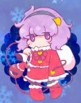  1girl :o black_hairband black_legwear blush_stickers boots eyeball hairband hat ikururu komeiji_satori pantyhose purple_eyes purple_hair santa_boots santa_costume santa_hat short_hair solo third_eye touhou 