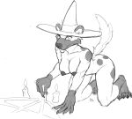  2021 all_fours breasts butt candle chalk claws clothing drawing female gnoll hat headgear headwear hi_res hyaenid kneeling lakeslug looking_down mammal nipples nude pentagram simple_background solo spots toe_claws tongue tongue_out white_background witch_hat 