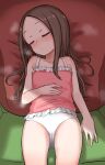  1girl absurdres bangs bare_arms bare_shoulders blush brown_hair camisole closed_eyes closed_mouth collarbone commentary forehead frilled_camisole frills highres karakai_jouzu_no_takagi-san lying note2000 on_back panties parted_bangs pillow pink_camisole sleeping solo takagi-san underwear underwear_only white_panties 