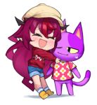  animal_crossing animal_ears blush bob_(animal_crossing) boots cat_ears dasdokter hat hololive hololive_english horns hug irys_(hololive) long_hair long_sleeves multicolored_hair pointy_ears purple_hair red_hair short_hair shorts smile sweater tail virtual_youtuber 