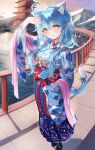  1girl absurdres ahoge animal_ear_fluff animal_ears bangs bell black_footwear blue_hair blue_hakama blue_kimono breasts cat_ears cat_tail dentaku_music elf extra_ears eyebrows_visible_through_hair floral_print hair_between_eyes hair_ornament hair_over_shoulder hairclip hakama hakama_skirt hand_up hatsumoude heart_ahoge highres hololive japanese_clothes jingle_bell kimono large_breasts long_hair long_sleeves looking_at_viewer low_twintails obi outdoors parted_lips pointy_ears print_kimono sash skirt smile standing tail tail_bell tail_ornament tassel twintails virtual_youtuber wide_sleeves yellow_eyes yukihana_lamy 