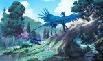  2022 ambiguous_gender blue_body blue_feathers blue_fur clockbirds day detailed_background digital_media_(artwork) feathered_wings feathers felid feline feral fur grass hi_res hooves hybrid mammal outside plant sky solo standing wings 