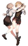  2boys absurdres androgynous bishounen blonde_hair blue_eyes blush brown_hair canarinu closed_eyes dancing highres holding_hands male_focus multiple_boys original overalls pale_skin shorts smile yaoi 