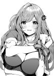  1girl anger_vein blush bound bound_wrists breasts capelet greyscale idolmaster idolmaster_shiny_colors koukoku large_breasts long_hair monochrome ribbon santa_costume tsukioka_kogane 