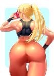  1girl ass back blonde_hair blue_background border bottle closed_eyes commentary_request cowboy_shot drinking ge_xi highres holding holding_bottle muscular muscular_female original ponytail simple_background solo sports_bra sweat two-tone_background water_bottle white_border 