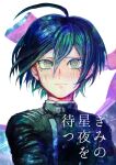  1boy ahoge bangs black_hair blush brown_eyes buttons danganronpa_(series) danganronpa_v3:_killing_harmony double-breasted green_hair grey_background hair_between_eyes highres jacket long_sleeves looking_at_viewer male_focus multicolored_hair pink_background saihara_shuuichi short_hair smile solo space_print starry_sky_print translation_request upper_body visket53 