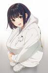  1girl :d bangs black_hair blush brown_eyes collared_shirt drawstring eyebrows_behind_hair full_body gradient gradient_background grey_background hair_ornament hairclip hood hood_down hooded_jacket jacket knee_boobs long_sleeves looking_at_viewer mattaku_mousuke original shirt shoes smile solo twitter_username watermark white_background white_footwear white_jacket white_shirt 