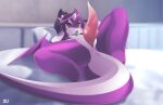  2021 anthro anus digital_media_(artwork) dragon feet hair hi_res knot male membrane_(anatomy) membranous_wings purple_hair red_eyes solo toes wings zudragon 