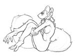  2020 4:3 anthro breasts butt claws curled_up elbow_tufts female fetal_pose fluffy fluffy_tail hands_under_legs hi_res holding_thighs lakeslug legs_up looking_away mammal navel nipples nude rodent sciurid shoulder_tuft side_boob side_view simple_background sitting solo toe_claws tuft white_background 