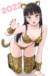  1girl 2022 all_fours animal_ears animal_print bangs bikini black_footwear black_hair blush breasts cleavage collarbone eyebrows_visible_through_hair fake_animal_ears full_body green_eyes hair_ornament hairclip hand_up highres kurosawa_dia long_hair looking_at_viewer love_live! love_live!_sunshine!! medium_breasts mole mole_under_mouth navel paw_pose shoes solo straight_hair striped striped_bikini striped_legwear striped_nails swimsuit tail thighhighs tiger_ears tiger_print tiger_stripes tiger_tail v-shaped_eyebrows wrist_cuffs yellow_nails yopparai_oni 