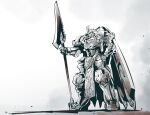  from_side gilbatiga greyscale highres holding holding_polearm holding_weapon ishiyumi knight&#039;s_&amp;_magic lance looking_ahead mecha monochrome no_humans pelvic_curtain polearm shadow solo standing weapon 