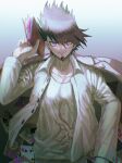  1boy bangs blood book card collarbone commentary_request danganronpa_(series) danganronpa_v3:_killing_harmony eyebrows_visible_through_hair facial_hair goatee gradient gradient_background grey_background grey_shirt hand_up highres holding holding_book jacket long_sleeves male_focus momota_kaito open_clothes open_jacket open_shirt pink_blood pink_eyes playing_card print_shirt shirt short_hair smile upper_body visket53 white_shirt 