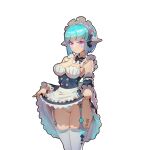  alternate_costume android android_mk.99 apron bangs barcode bare_shoulders blue_hair breasts clothes_lift detached_sleeves dress enmaided eyebrows_visible_through_hair frills frown guardian_tales hair_ornament highres joker.z lifted_by_self looking_at_viewer maid maid_apron maid_headdress medium_breasts no_panties purple_eyes pussy short_hair skirt skirt_lift white_background white_dress white_legwear 