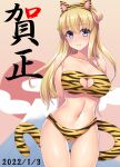  1girl absurdres alternate_costume animal_ears animal_print bikini blonde_hair blue_eyes breasts cleavage_cutout clothing_cutout double_bun fake_animal_ears fake_tail fletcher_(kancolle) heart_cutout highres kantai_collection large_breasts long_hair navel print_bikini ruin_re_birth solo strapless strapless_bikini swimsuit tail tiger_ears tiger_print tiger_tail 