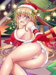  1girl ass bangs bare_shoulders blonde_hair blurry blurry_background blush breasts christmas christmas_tree dress eyebrows_visible_through_hair flower fur-trimmed_headwear future_knight gloves green_eyes guardian_tales hair_flower hair_ornament highres indoors large_breasts long_hair looking_at_viewer open_mouth panties qi_ye_shao_yan red_dress star_(symbol) thighs underwear white_panties 