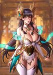  1girl absurdres bangs bare_shoulders black_hair blue_eyes blush braid breasts choker collarbone contrapposto cowboy_shot detached_sleeves dress earrings eyebrows_visible_through_hair fantasy french_braid gem gold hair_between_eyes halter_dress halterneck headgear highres irelia jewelry large_breasts league_of_legends lips long_hair long_sleeves looking_at_viewer nose_blush panties parted_lips pelvic_curtain revealing_clothes robocap sash see-through skindentation solo string_panties thighhighs thighs twin_braids twitter_username underwear very_long_hair white_choker white_dress white_legwear white_nails white_panties white_sleeves 