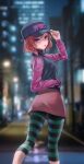  1girl absurdres ass baseball_cap black_headwear blurry blurry_background casual feet_out_of_frame hand_in_pocket hand_on_headwear hat highres long_sleeves looking_at_viewer looking_back love_live! love_live!_school_idol_project nishikino_maki pants purple_hair red_hair red_skirt short_hair skirt solo standing striped striped_legwear sweater tight tight_pants tongue tongue_out turtleneck turtleneck_sweater two-tone_sweater yj 