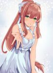  1girl absurdres breasts brown_hair cleavage doki_doki_literature_club dress green_eyes highres kamisatoyuu long_hair medium_breasts monika_(doki_doki_literature_club) ponytail reaching_out ribbon smile solo sundress teeth white_dress white_ribbon 