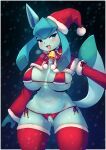  anthro blue_body blue_eyes blush breasts christmas christmas_clothing christmas_headwear clothing conditional_dnp crunchobar digital_media_(artwork) eeveelution female fur genitals glaceon hat headgear headwear hi_res holidays nintendo open_mouth pok&eacute;mon pok&eacute;mon_(species) pussy santa_hat solo video_games 