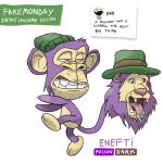  2022 anthro beanie bodily_fluids bored_ape_yacht_club clothing english_text fak&eacute;mon fedora felid fur haplorhine hat headgear headwear hi_res humor lazy_lions lion male mammal mane meme monkey narrowed_eyes nft nft_lion nft_monkey nintendo open_mouth pantherine parody pok&eacute;mon primate saliva shitpost simple_background solo teeth text tuft video_games white_background woodenplankstudios 